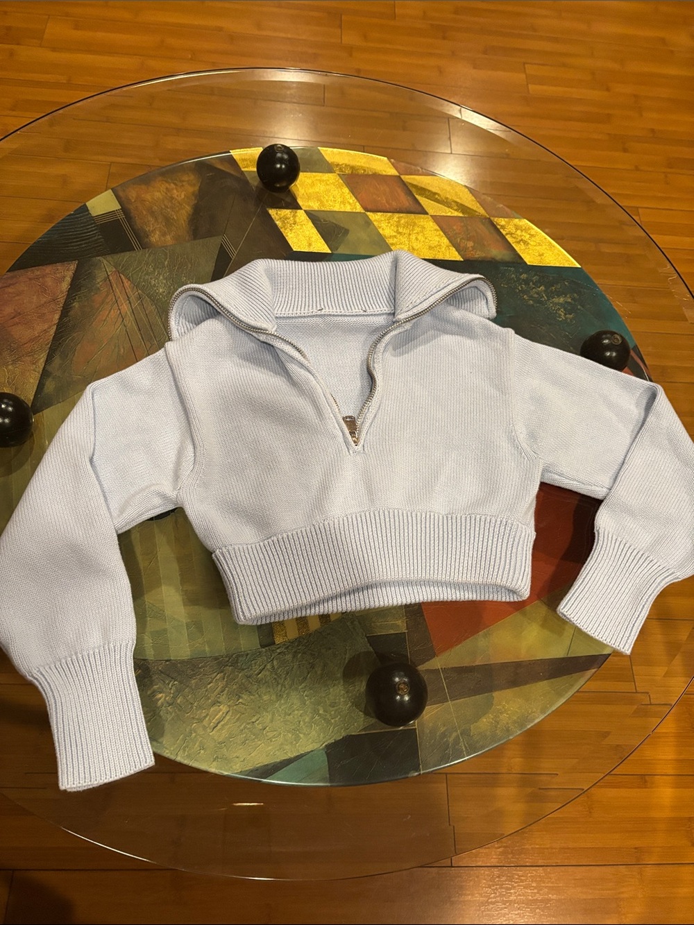 Cropped Light Blue Half-Zip Turtleneck Sweater - Women